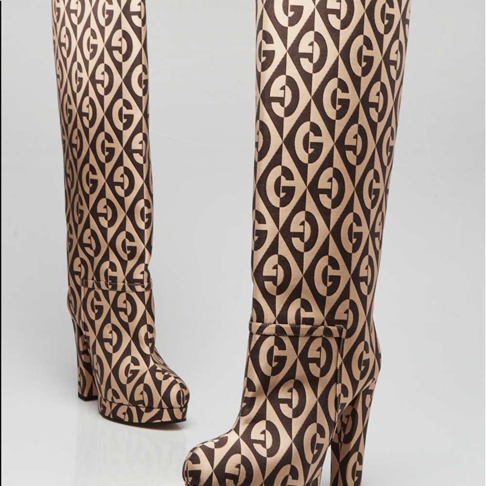 GUCCI Fabric G Rhombus Print Platform Boots Size EU37.5/ US7.5 Beige Cocoa - Picture 6 of 16